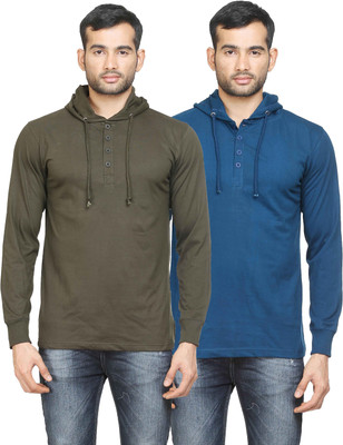 

Poshuis Solid Men' Hooded Dark Green, Blue T-Shirt(Pack of 2, Military green and petrol blue