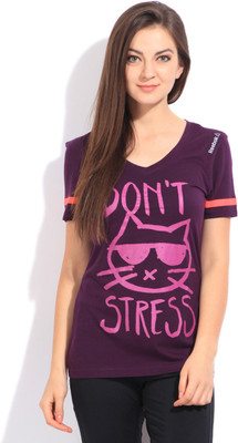 

REEBOK Printed Women's V-neck Purple T-Shirt, Royorc