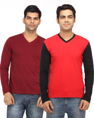 

Leana Solid Men's V-neck Maroon, Red T-Shirt(Pack of 2