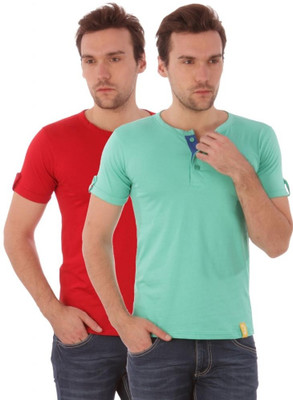 

Campus Sutra Solid Men Henley Red, Green T-Shirt(Pack of 2), Red;sea green