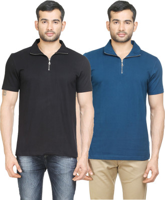 

Poshuis Solid Men's Polo Neck Black, Blue T-Shirt(Pack of 2, Black and petrol blue