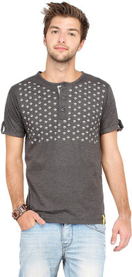 

Campus Sutra Printed Men Henley Grey T-Shirt, Charcoal