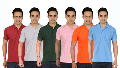 

Larwa Solid Men's Polo Neck Light Blue, Dark Green, Pink, Maroon, Grey, Orange T-Shirt(Pack of 6, Darkgreen;grey;lightblue;maroon;orange;pink