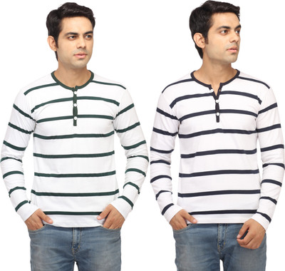 

Leana Striped Men's Fashion Neck Green, Blue T-Shirt(Pack of 2, Blue;green