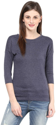 

Hypernation Solid Women' Round Neck Grey T-Shirt, Blue melange