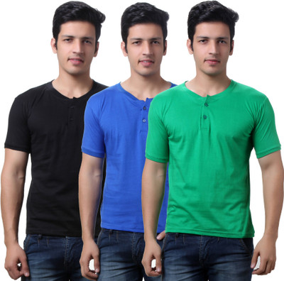 

TeeMoods Solid Men's Henley Black, Blue, Green T-Shirt(Pack of 3), Black;green;royal blue