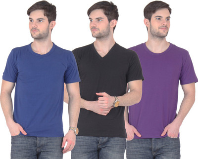 

E'Hiose Solid Men's V-neck Multicolor T-Shirt(Pack of 3, Black_v;blue_r;purple_r
