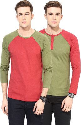 

Yellow Submarine Solid Men's Round Neck Light Green, Red T-Shirt(Pack of 2), Olive/red