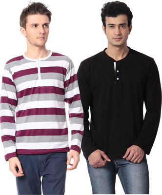 

Leana Striped Men's Henley Black, Purple T-Shirt(Pack of 2