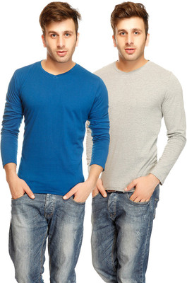 

Gritstones Solid Men' V-neck Blue, Grey T-Shirt(Pack of 2, Indigo/grey melange