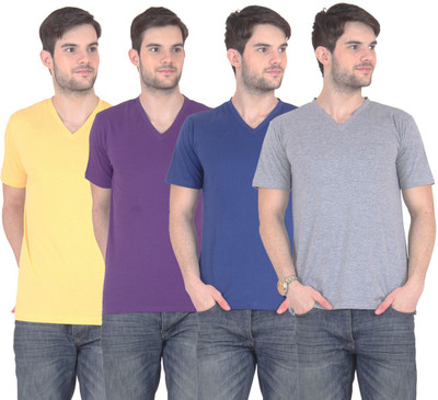 

E'Hiose Solid Men' V-neck Multicolor T-Shirt(Pack of 4, Blue;grey;purple;yellow