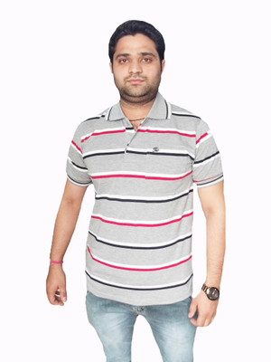 

Japroz Striped Men's Polo Neck Grey T-Shirt