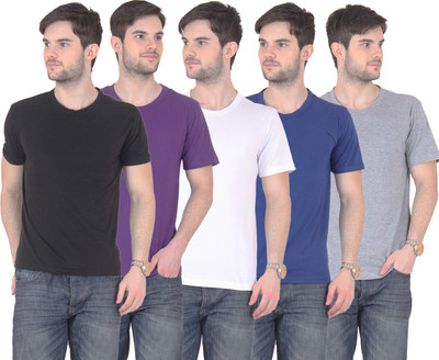 

E'Hiose Solid Men's Round Neck Multicolor T-Shirt(Pack of 5, Black;blue;grey;purple;white