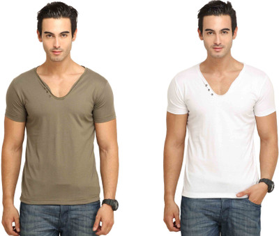 

Fio Solid Men's V-neck Brown, White T-Shirt(Pack of 2