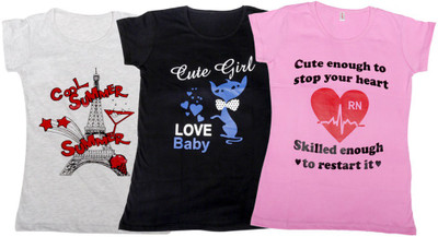 

IndiWeaves Girls Printed, Solid T Shirt(Multicolor, Gray & black & pink