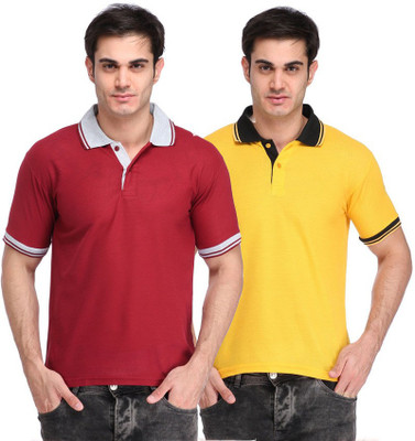 Lime Solid Men's Polo Neck Maroon, Yellow T-Shirt(Pack of 2