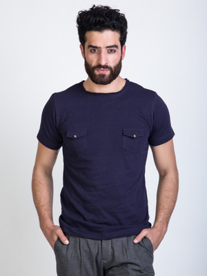 Mr Button Solid Men' Round Neck Blue T-Shirt