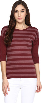 

Hypernation Striped Women's Round Neck Maroon T-Shirt