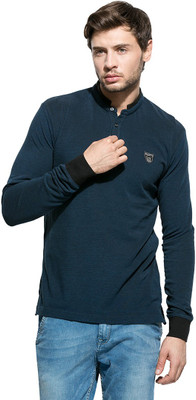 

Mufti Solid Men's Mandarin Collar Dark Blue T-Shirt