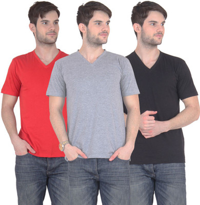 

FnMe Solid Men' V-neck Multicolor T-Shirt(Pack of 3, Black;grey;red