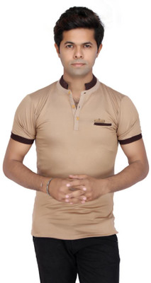 

JG FORCEMAN Solid Men's Mock Neck Gold T-Shirt, Biscut color