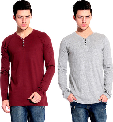 

Lemon & Vodka Solid Men's Henley Maroon, Grey T-Shirt(Pack of 2)