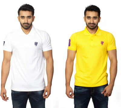 1OhOne Solid Men' Polo Neck White, Yellow T-Shirt(Pack of 2, Sunflower;white