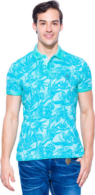 

Mufti Floral Print Men's Polo Neck Blue T-Shirt, Mint