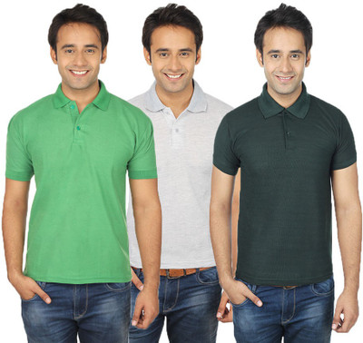 

Quetzal Solid Men's Polo Neck Multicolor T-Shirt(Pack of 3, Green;grey;light green