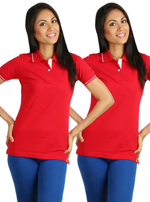 

Campus Sutra Solid Women' Polo Neck Red T-Shirt(Pack of 2