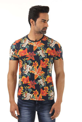

Flying Machine Floral Print Men' Round Neck Dark Blue T-Shirt, Navy