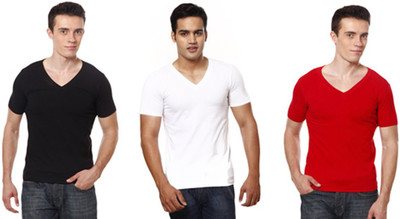 

Casual Tees Solid Men' V-neck Multicolor T-Shirt(Pack of 3, Black;red;white