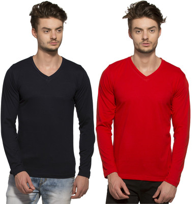 

Alan Jones Solid Men's V-neck Dark Blue, Red T-Shirt(Pack of 2, Navy and red