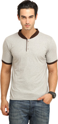 

Fio Solid Men's Mandarin Collar Grey T-Shirt