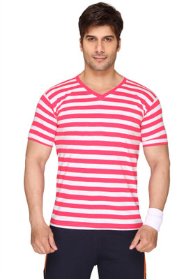 

SayItLoud Striped Men's V-neck Grey, Pink T-Shirt
