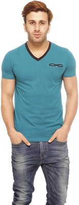 

Gritstones Solid Men' V-neck Blue T-Shirt, Turquoise blue