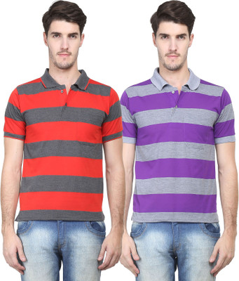 

Vimal Striped Men' Polo Neck Red, Purple T-Shirt(Pack of 2, Purple;red