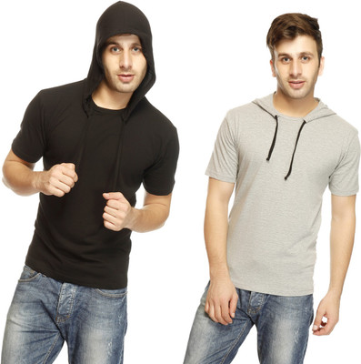 

Gritstones Solid Men's Hooded Black, Grey T-Shirt(Pack of 2, Black/grey melange