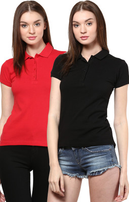 

Trend18 Solid Women's Polo Neck Black, Red T-Shirt(Pack of 2)