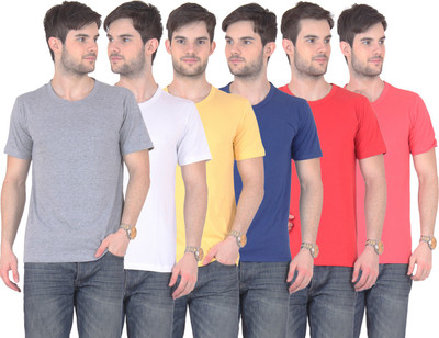 FnMe Solid Men' Round Neck Multicolor T-Shirt(Pack of 6, Blue;gajri;grey;red;white;yellow