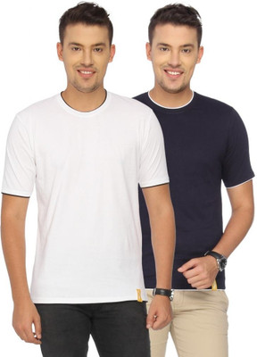 Campus Sutra Solid Men Round Neck Dark Blue, White T-Shirt(Pack of 2)