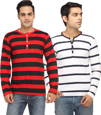 

Leana Striped Men's Fashion Neck Red, Blue T-Shirt(Pack of 2, Blue;red