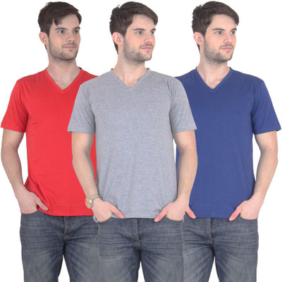 

E'Hiose Solid Men's V-neck Multicolor T-Shirt(Pack of 3, Blue;grey;red