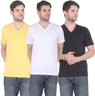 

E'Hiose Solid Men's V-neck Multicolor T-Shirt(Pack of 3, Black;white;yellow