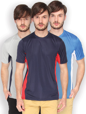 Campus Sutra Solid Men Round Neck Denim Blue, Red, Grey, Blue, Blue, White T-Shirt(Pack of 3), Blue;grey;red;white