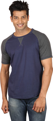 

Poshuis Solid Men' Round Neck Grey, Dark Blue T-Shirt