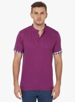 Black Collection Solid Men Mandarin Collar Purple T-Shirt