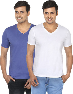 

FM Fashionmania Solid Men's V-neck Light Blue, White T-Shirt(Pack of 2, Bijoy blue
