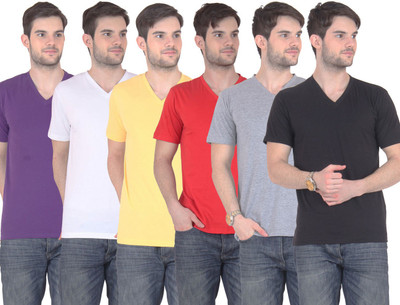 

E'Hiose Solid Men' V-neck Multicolor T-Shirt(Pack of 6, Black;grey;purple;red;white;yellow