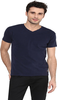 PUNK Solid Men V-neck Blue T-Shirt